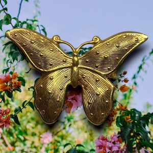 Vintage 1960's Butterfly Insect Brooch Pin Pressed Tin Gold Tone Lepidoptera